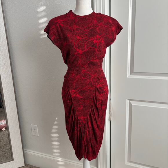 VTG All That Jazz Dress 80s Red Ruched Wiggle Cocktail Bodycon XS Abstract - Picture 2 of 14